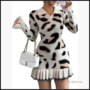 Leopard Print Sweater Dress Long Sleeve Ruffle Bodycon Mini Dress